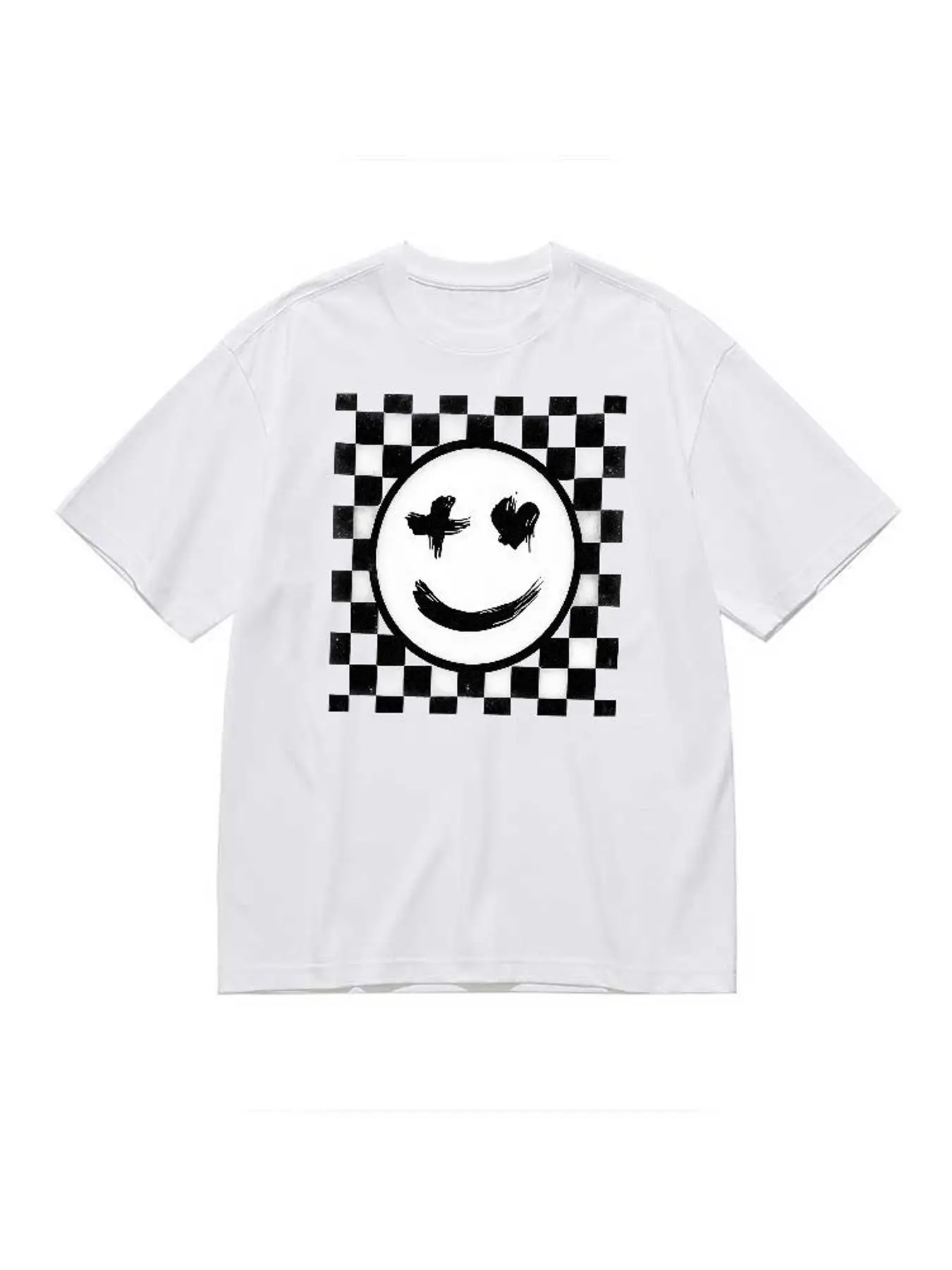Fashion Smiley Face Graphic T Shirt Women's Stretchy Top Plus Size Casual Short Sleeve Punk Checkered Print Aesthetic Summer Clothes
