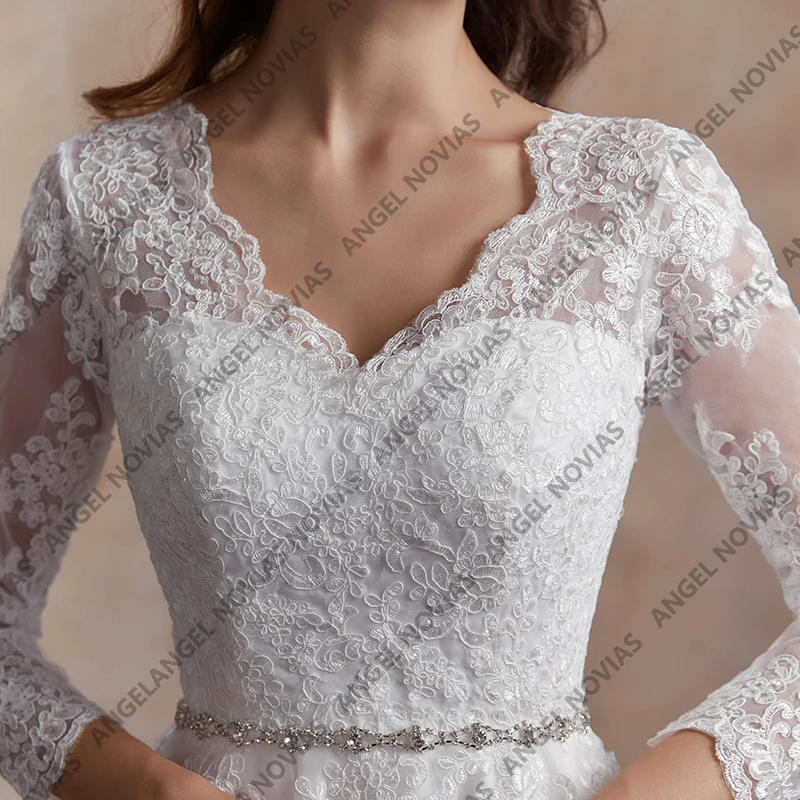 Angel Novias image réelle manches longues robes de mariée blanches décolleté en V dentelle Appliques robes de mariée Vintage vestidos de novia
