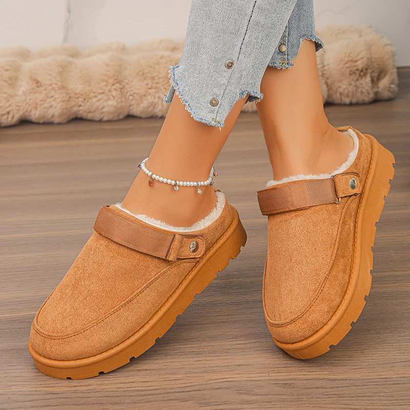 Fuax Suede Platform Cotton Slippers Women Winter Back Strap Non Slip Short Plush Slippers Woman Thick Bottom Cotton Padded Shoes