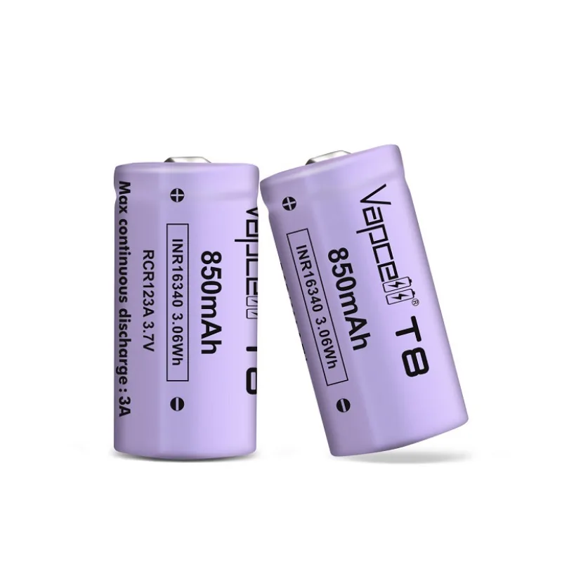 Original Vapcell T8 INR 16340 Battery 850mAh Capacity 3A 3.7V Small Size Battery Button Top Li ion Battery for Cameras UAV DVD