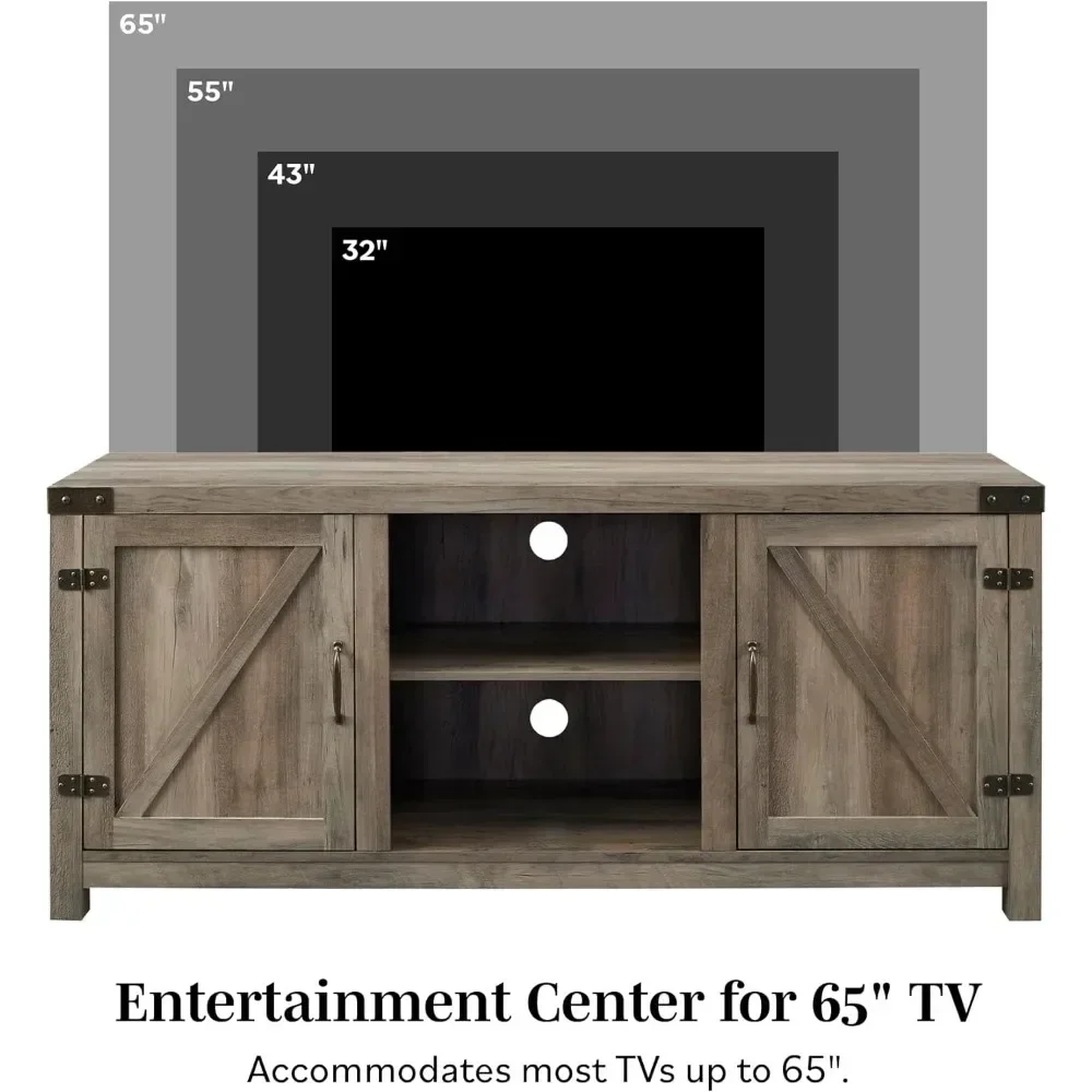 Suporte de TV moderno com porta dupla de celeiro para TVs de até 65 polegadas, 58 polegadas, cubículo de armazenamento aberto e 3 prateleiras ajustáveis, cinza