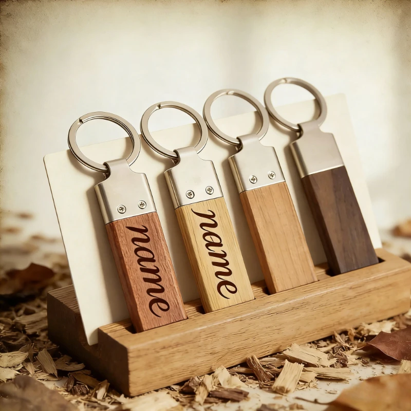 Custom LOGO Wooden Metal Car Keychain Laser Engraved Walnut Wood Bamboo Key Chains Personalize Name Room Number Keyring