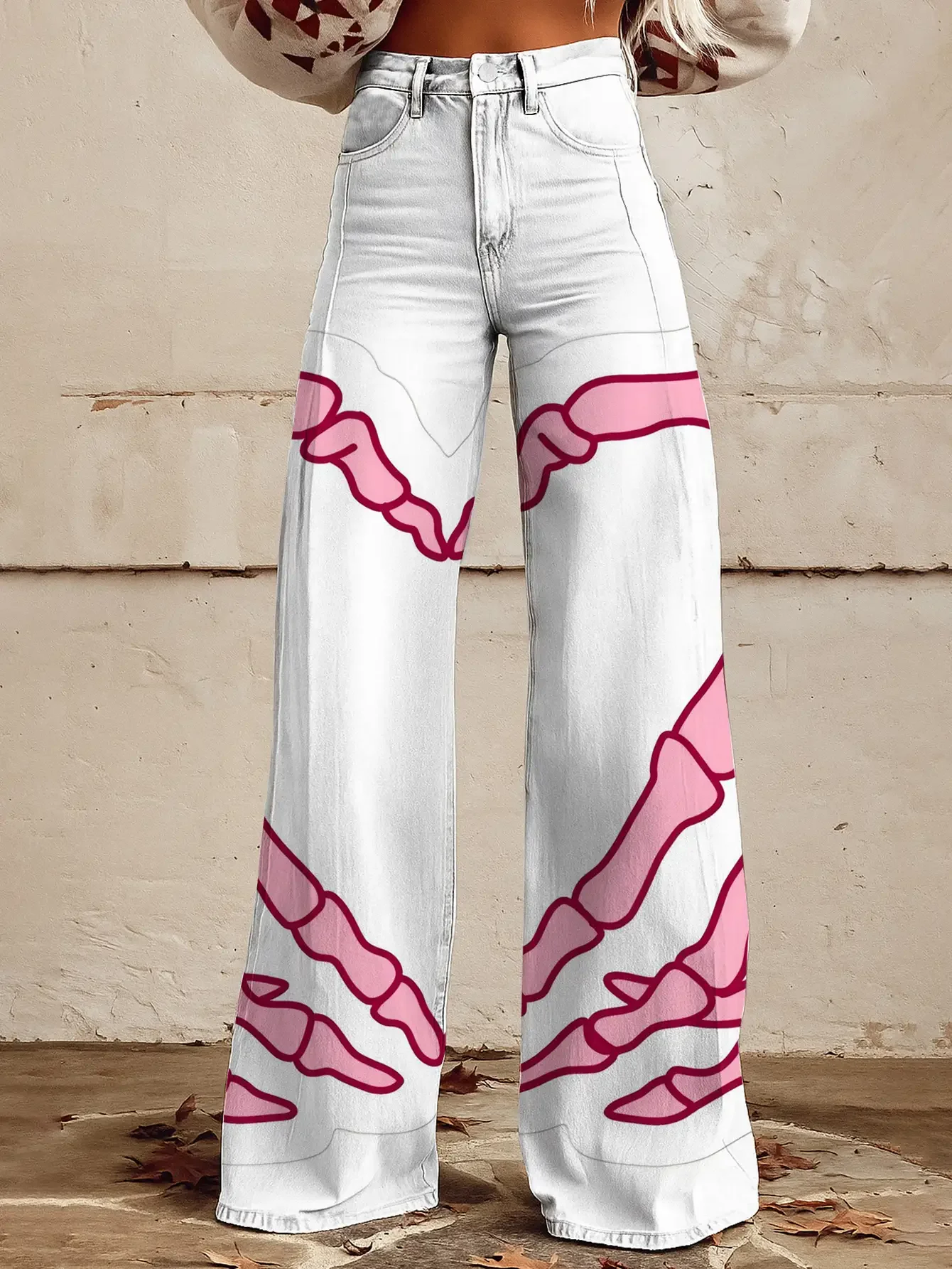 2026Women's slim fit wide leg flared pants, Ladies' retro 3D printed high waisted elastic jeans, interesting patterns