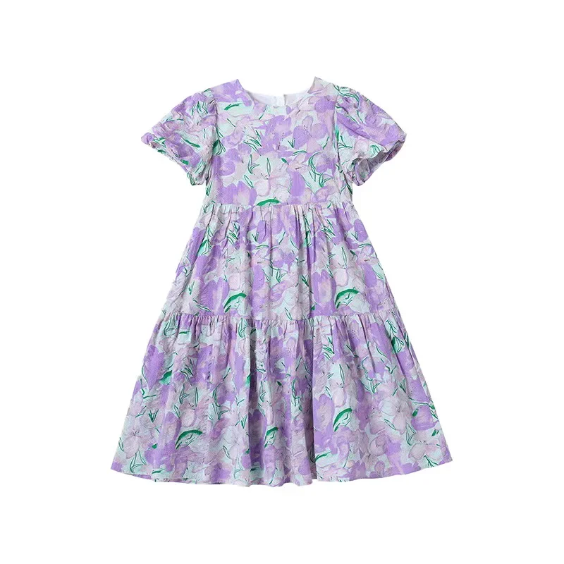 Summer Dress for Girls 2026 New Short Sleeve Purple Floral Princess Dresses 4-15 Years Casual School Teenage Children Costumes