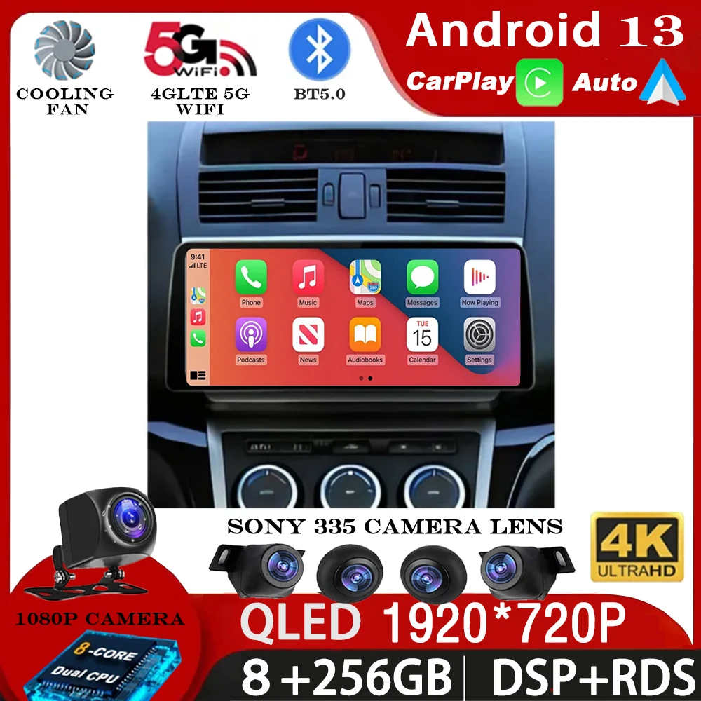 12.3 Inch Android 13 Carplay Auto For Mazda 6 GH 2008-2012 Car Radio Multimedia Video Player Stereo GPS Navigation DVD DSP QLED