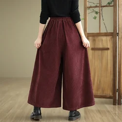 Corduroy Wide-Leg Pants Women's Spring Autumn Plus Size Loose Trousers Culottes Fashion Pocket Elastic Waist Pantskirt Female