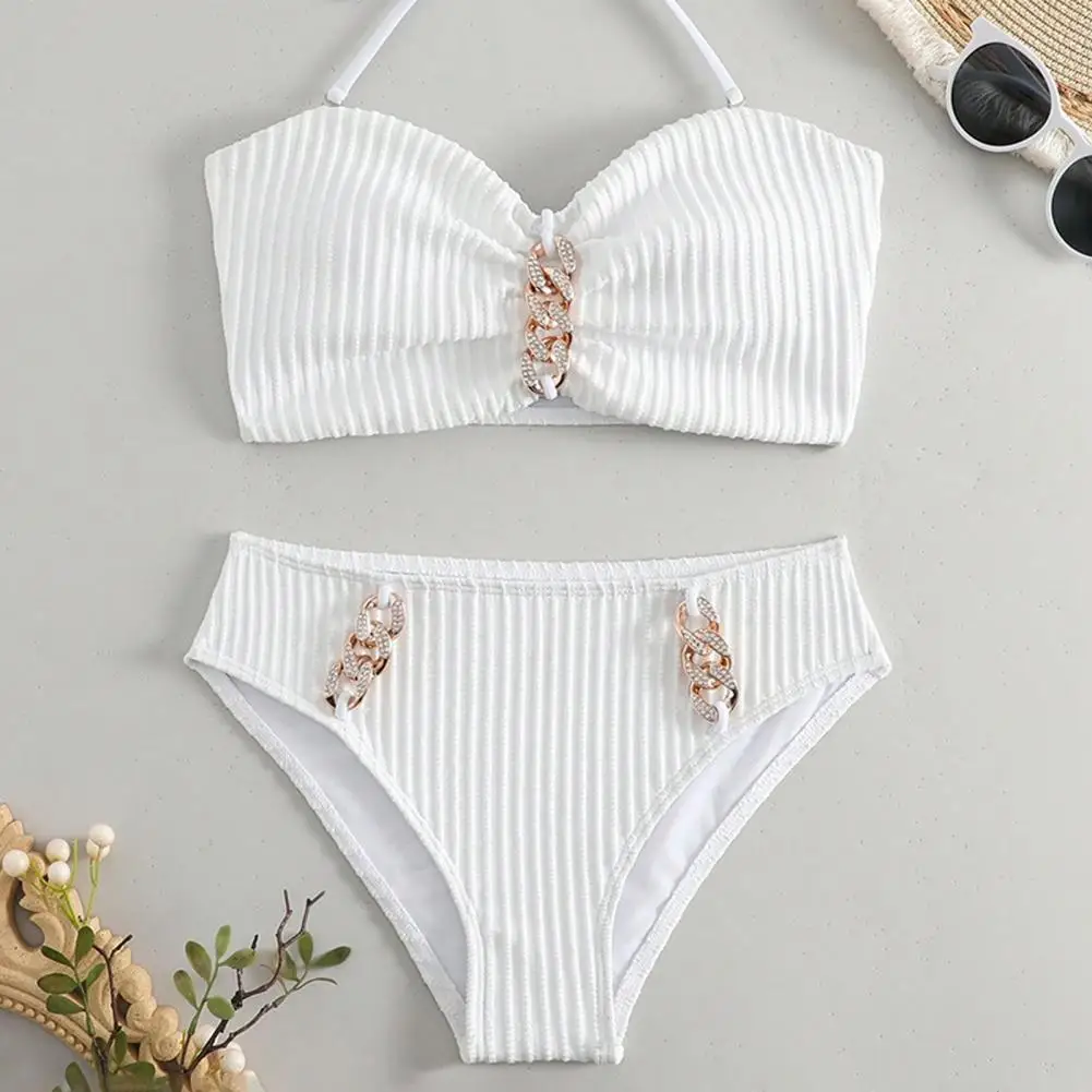 Halter Bikini Top łańcuszek z kryształów górskich zestaw Bikini dla kobiet Halter biustonosz wysoki stan szybkoschnący strój kąpielowy seksowny strój kąpielowy