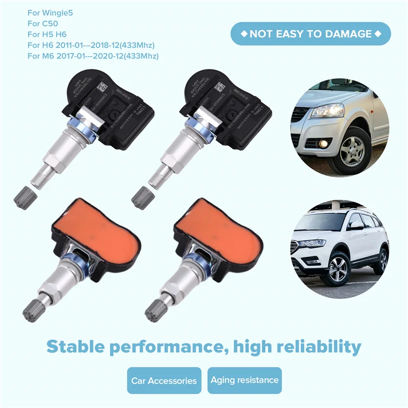 أجهزة استشعار TPMS تدوم 433 ميجا هرتز 4 قطع لمراقبة ضغط الإطارات للجدار العظيم وينجل 5، C50، هافال H6، M6