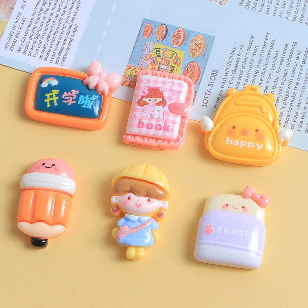 100pcs Kawaii Flatback Resin Cartoon Stationery Rubber Pencil School Bag Crafts Cabochons Accessories DIY Scrapbook Decoration