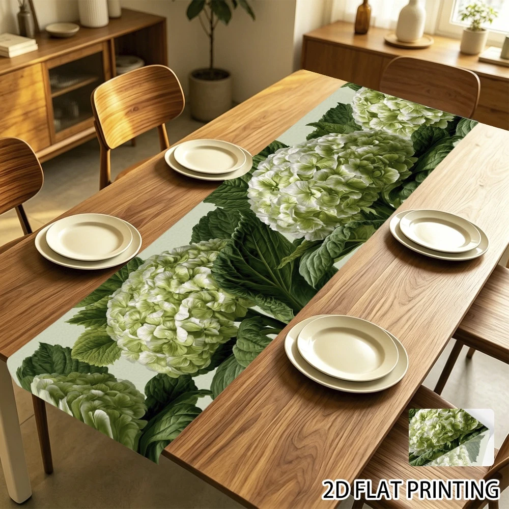 1pc Green Hydrangea Floral Table Runner 2D Flat Printed Modern Kitchen Dining Table Decor for Home Party