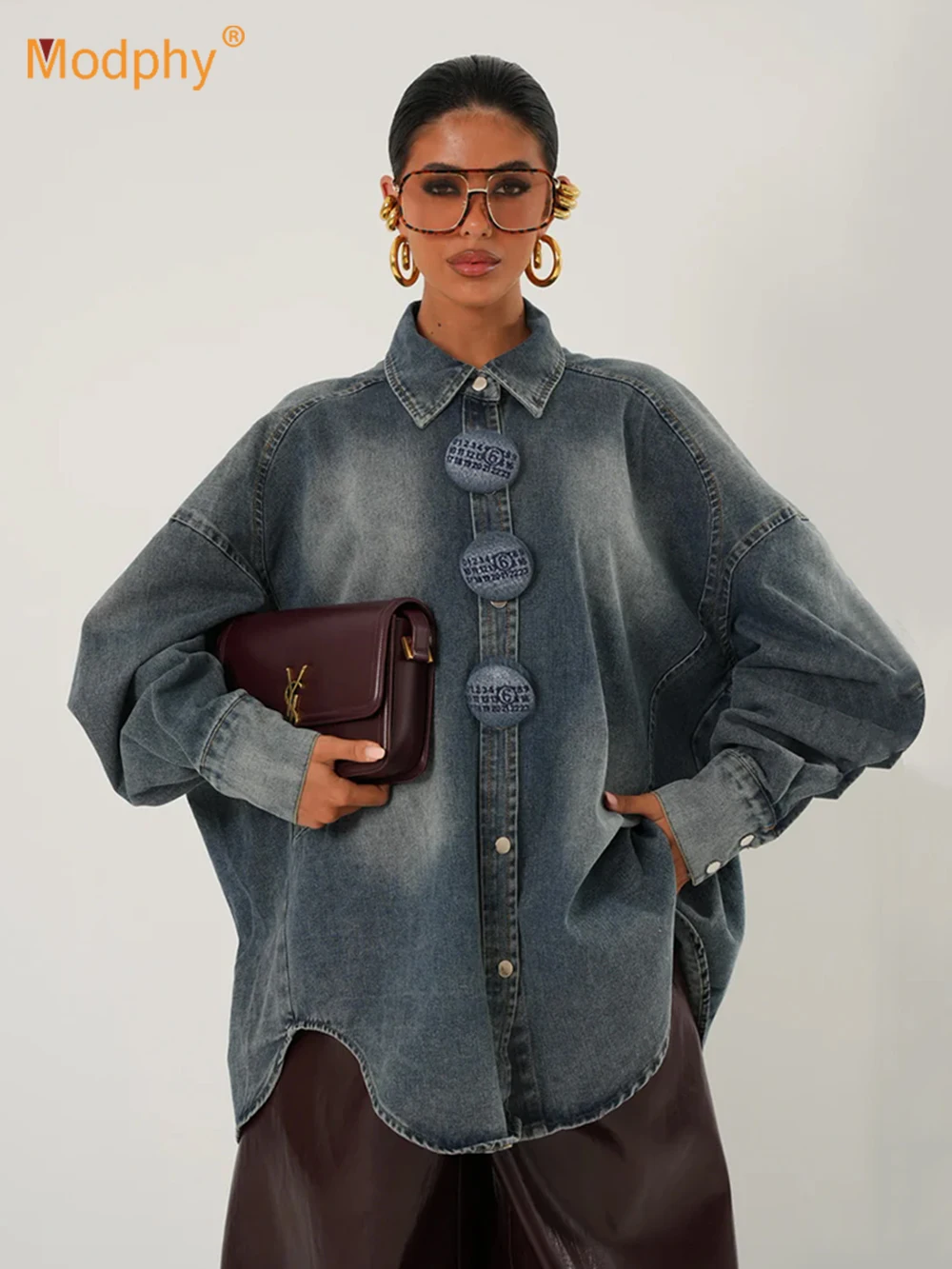 Modphy Losse Dames Tie-Dye Denim Lange Shirts 2025, Herfst Knop Single Breasted Blouse Bovenkleding Nieuwe Mode Tij