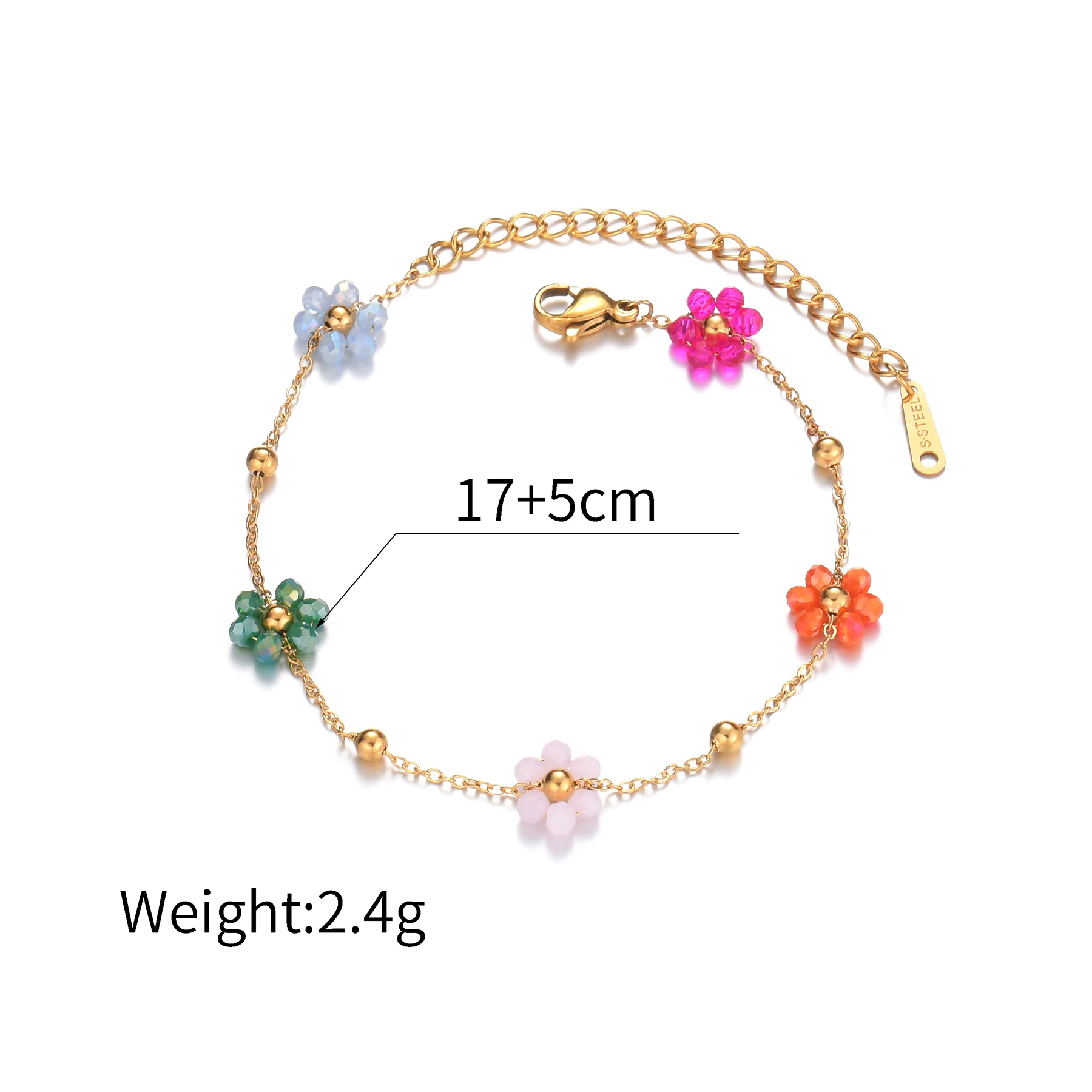 Freeteeme Fashion Colorful Flower Bracelet for Women Girls Stainless Steel Jewelry Gold Color Beads Chain Valentine's Day Gift