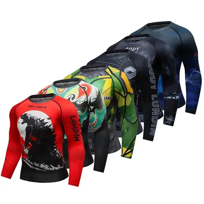 Men MMA BJJ Rashguard Long T Shirts Rash Guard Fitness Tracksuit Boxing Jerseys Muay Thai Compression Kickboxing Sport Suit 10