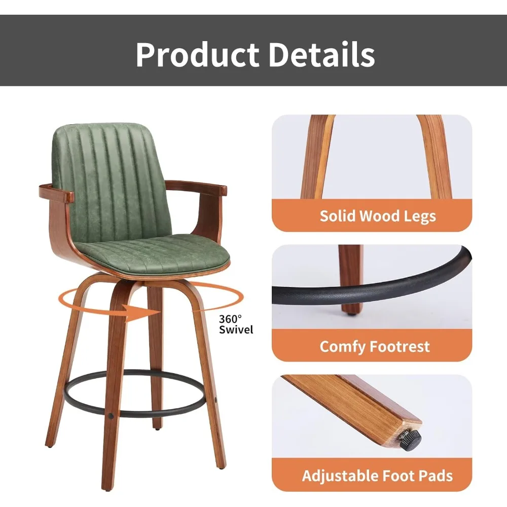 Counter Height Bar Stools Set of 2, 26 Swivel Bar Stools with High Backs and Arms, Modern PU Leather Bar Chairs for Kitchen Isla