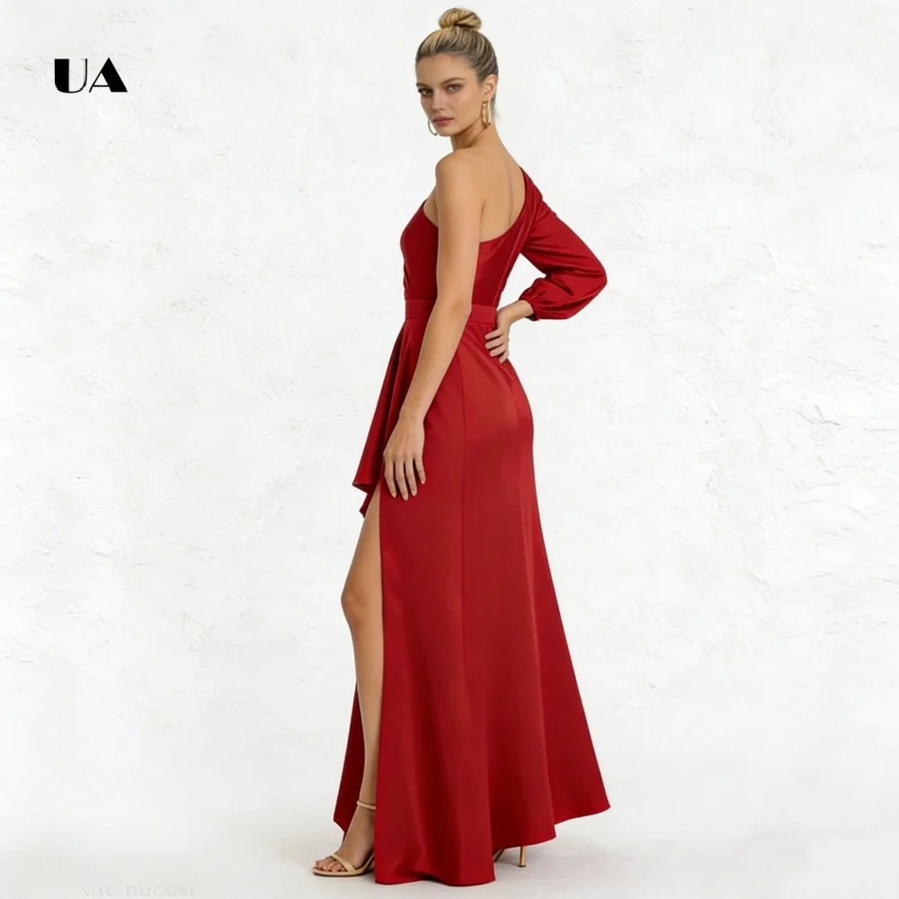 ULBYANRY 새틴 비대칭 프롬 드레스, 퍼프 슬리브가 있는 솔리드 플리츠 이브닝 드레스, 여성용 드레이프 맞춤형 파티 가운