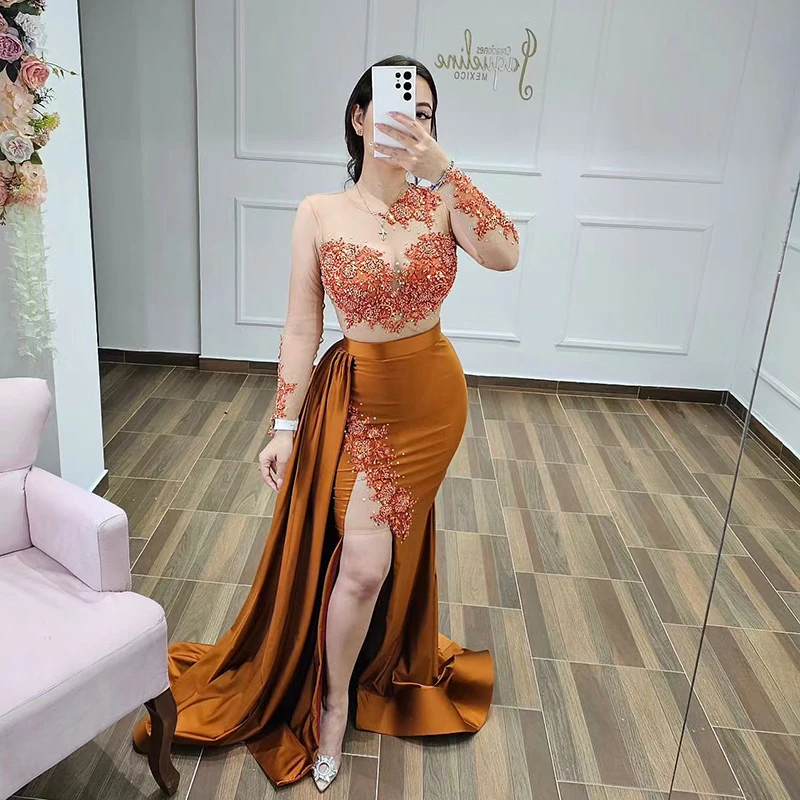 Thinyfull Formal Mermaid Prom Evening Dresses Long Sleeve Appliques Night Dress Saudi Arabia Cocktail Party Prom Gown Customized