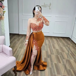 Thinyfull Formal Mermaid Prom Evening Dresses Long Sleeve Appliques Night Dress Saudi Arabia Cocktail Party Prom Gowns Plus Size