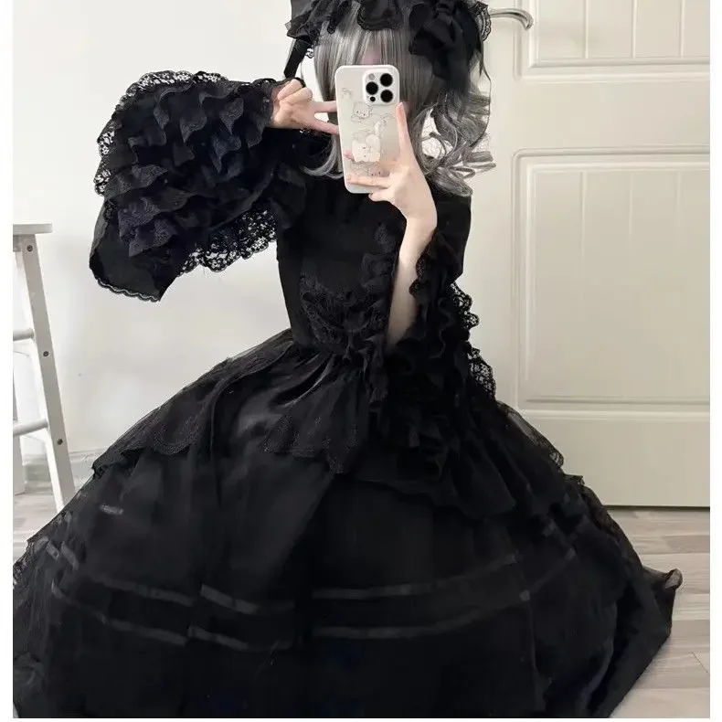 Lolita Shirts Girls Women Hualiji Sleeves Bow Inside Horn Long-sleeved Shirt Autumn and Winter New Goth Styel Blouse Y2k Tops