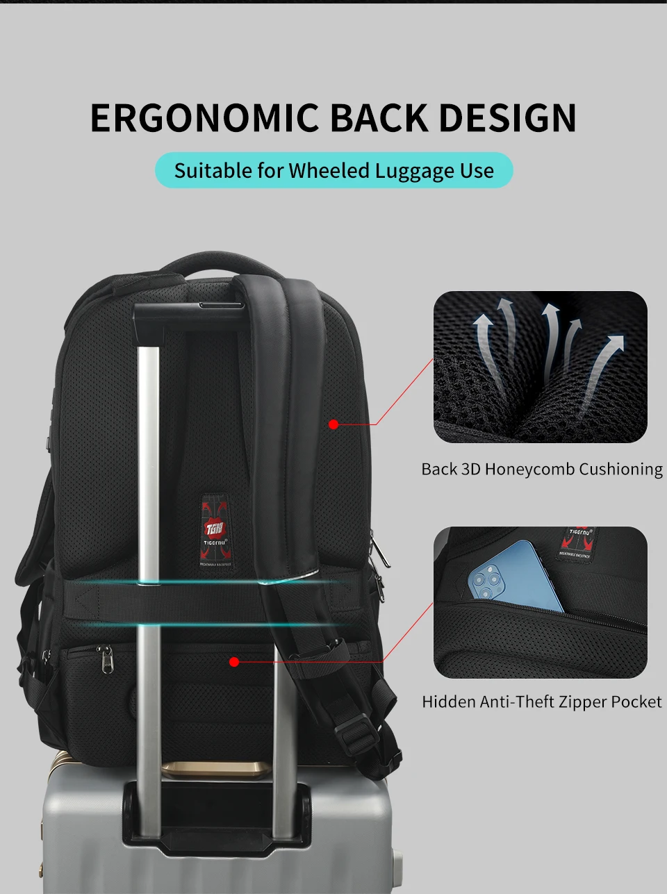 Tigernu Reiserucksäcke 14-15,6-17'' Laptop-Rucksack für Männer TSA Anti-Diebstahl-Rucksack Nylon-Rucksäcke Tasche für Schultasche Rucksack – Detail 11