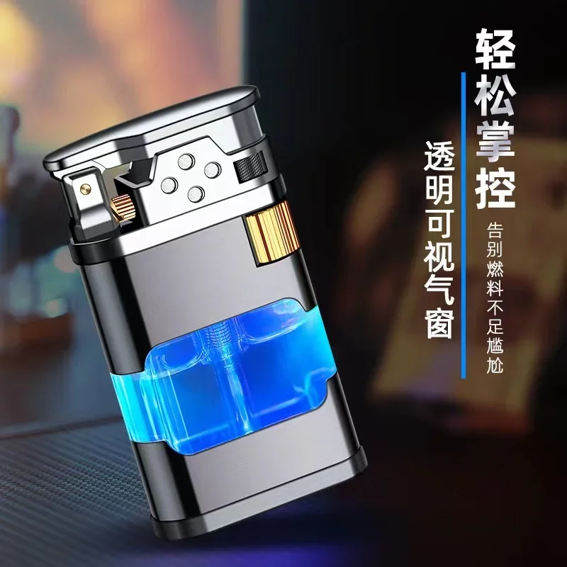 2023Transparent Warehouse Flame Gas Lighter Metal Torch Turbo Unusual  Creative Windproof Blue Butane Cigar Lighter Men\'s Gadget