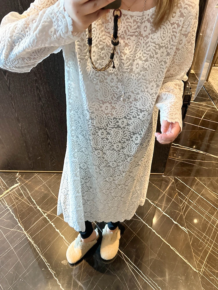 

Оригинальное платье Vogana большого размера: модное, кружевное, с вырезами, свободного кроя, стройнящее, для повседневной носки, с круглым вырезом и длинными рукавами.