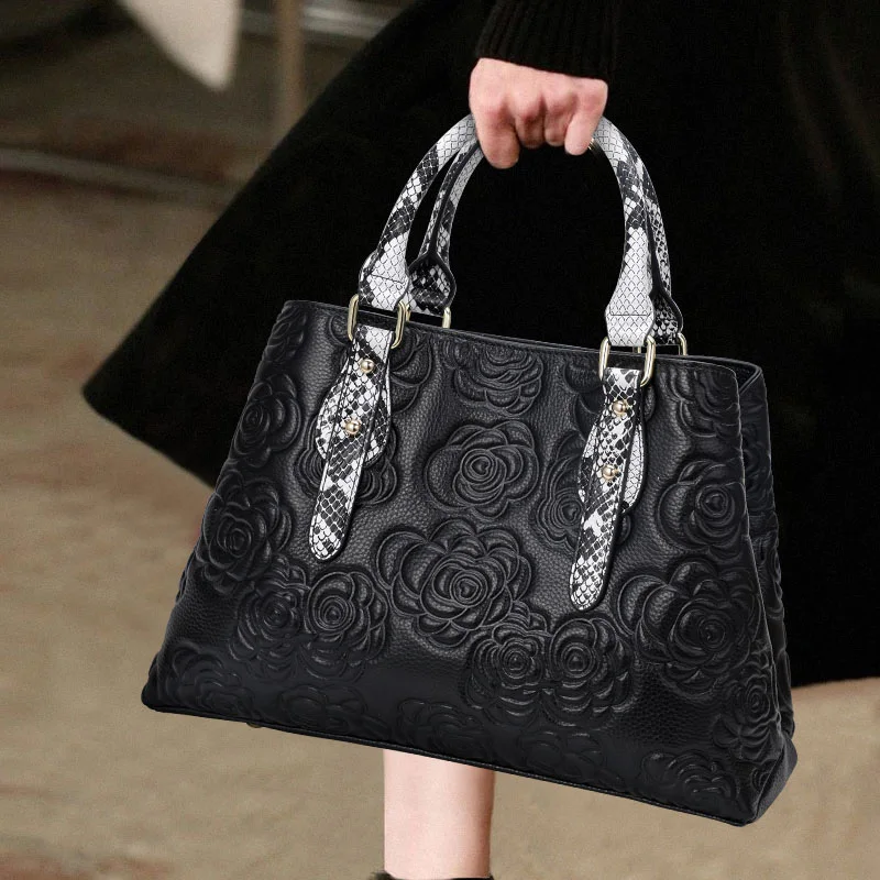 Cowhide 3D Rose Embossed Handbag Snake Print Handle Detachable Cross Strap Multi Pocket Ladies Shoulder Bag Work Daily Travel
