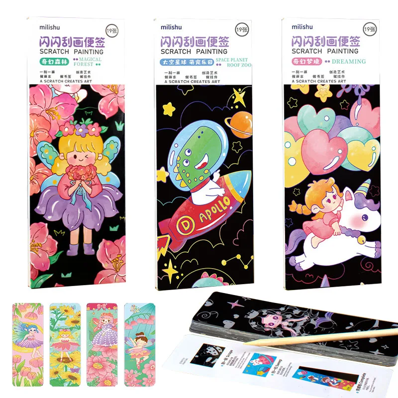 Rainbow Scratch Bookmark Art Paper Kit Cartoon Eenhoorn Dinosaurus Bloemenfee Zeemeermin Prinses Graffiti Schrapen Schilderen Notities