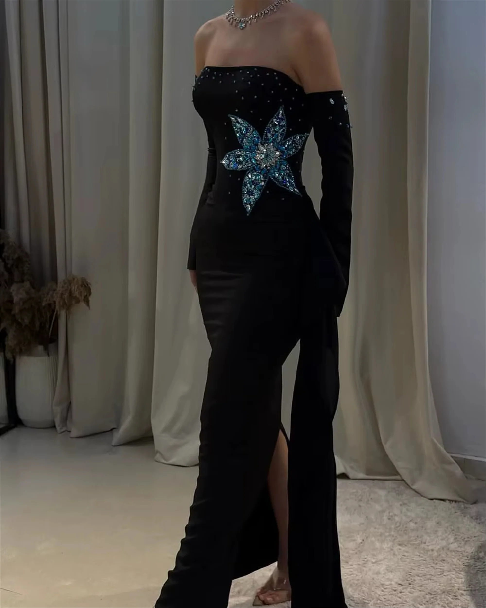 فستان سهرة بكريستال زهرة سوداء قابل للفصل وأكمام طويلة فستان حفلة كوكتيل عربي مخصص في دبي فساتين لحضور الحفلات الموسيقية EVON BRIDAL #3