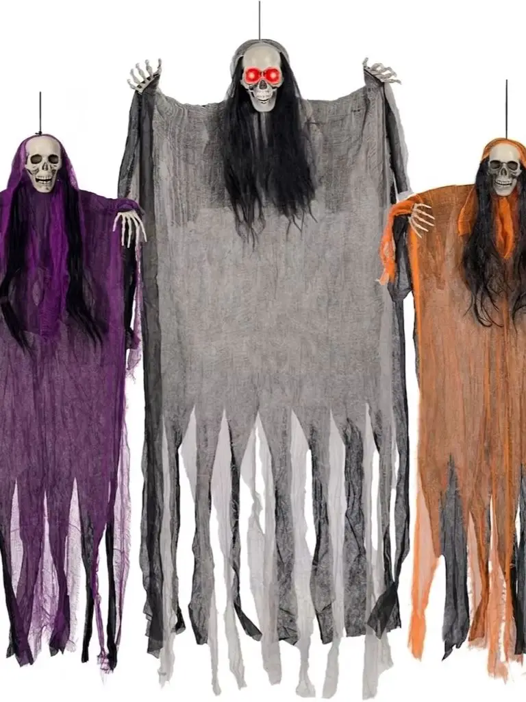 Halloween Decorations: 3pcs Hanging Skeleton & Set (Sound-Activated Light-Up Eyes) Indoor/Outdoor Yard & Lawn Spooky, Colorful Fabric 