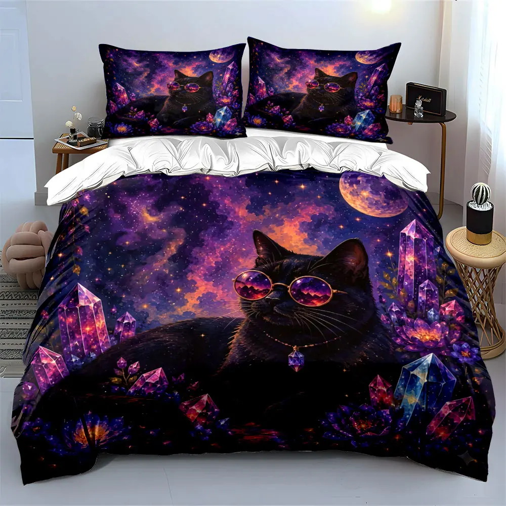 Cool black cat with crystals and starry sky Print Bedding set 3PC 1 duvet cover 2 pillowcases adult and children bedding set