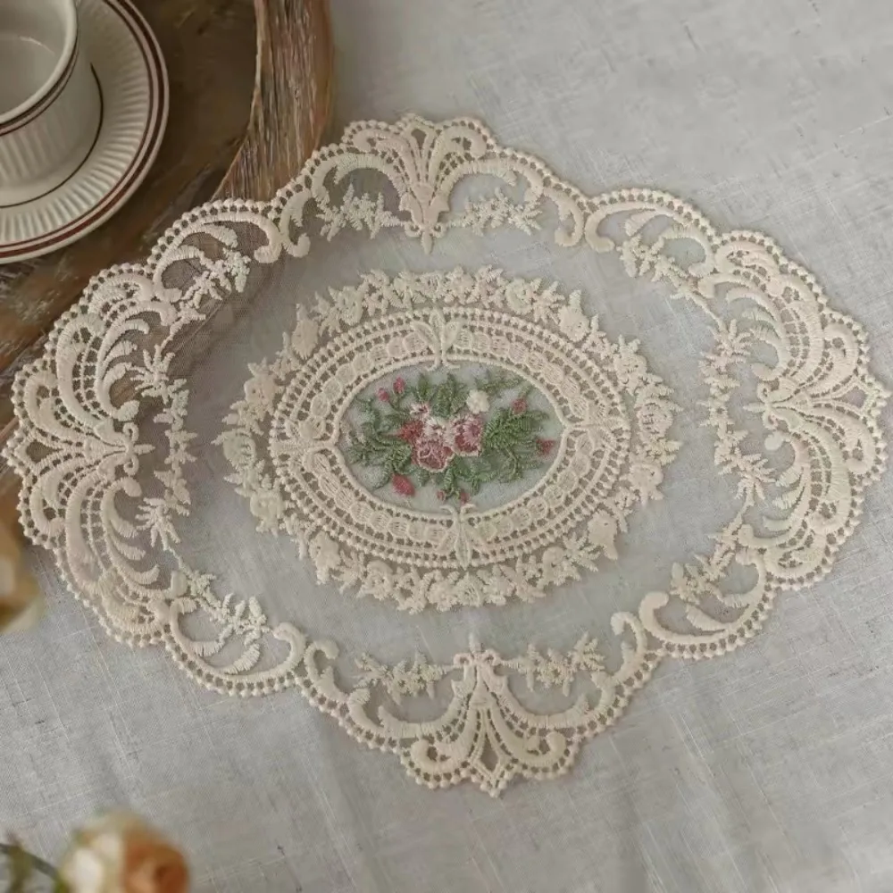 Vintage European Style Lace Embroidery Coaster Oval 29x37cm Cup Table Mat Embroidery Placemat