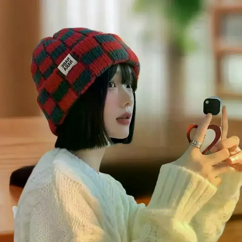 رقعة الشطرنج منقوشة متماسكة بيني للنساء الشتاء الكورية محيط الرأس الكبير البلوز قبعة قبعات الرجال اليابانية الرجعية #1