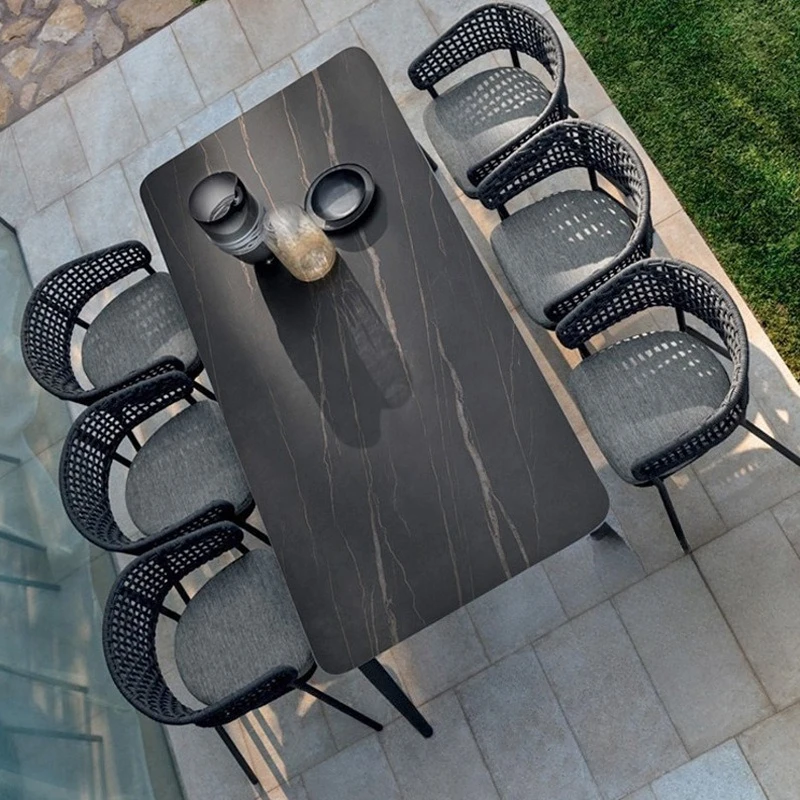 Mesas y sillas de exterior, mesa de comedor de losa de roca, patio, bar, cafetería, villa, terraza, muebles combinados nórdicos