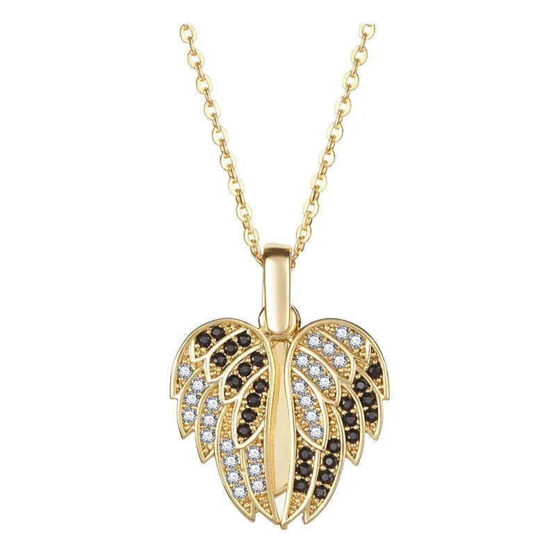 Fashion Black White Crystal Zircon Angel Wings Butterfly Pendant Necklace Gold Plated Open Wings Engraved Heart Necklace