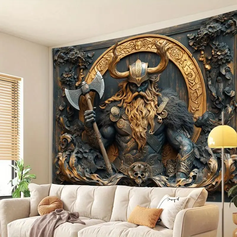 VIKAMA Viking Warrior Wall Tapestry 3D Wood Carving Nordic Fantasy Wall Hanging Bedroom Gaming Man Cave Home Decor