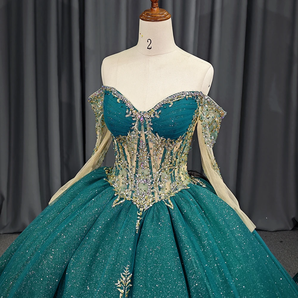 

Green Ball Gown Sequins Gold Sequins Appliques Off The Shoulder Wedding Dress With Beading 6760-1