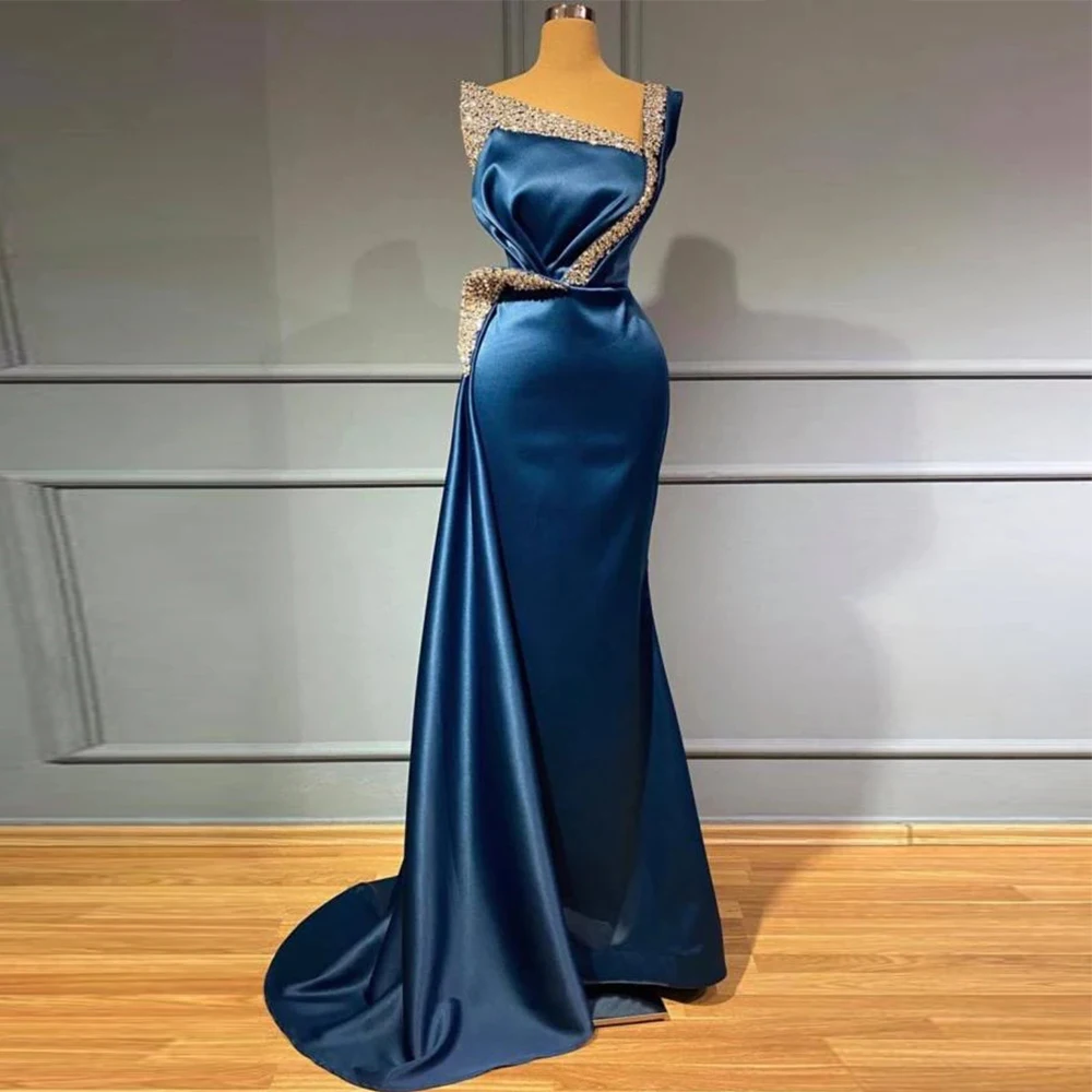 Royal Blue Women\'s Evening Dresses Elegant Sleeveless Mermaid Satin Pleated Shiny Bead String Princess Prom Gowns Formal Party