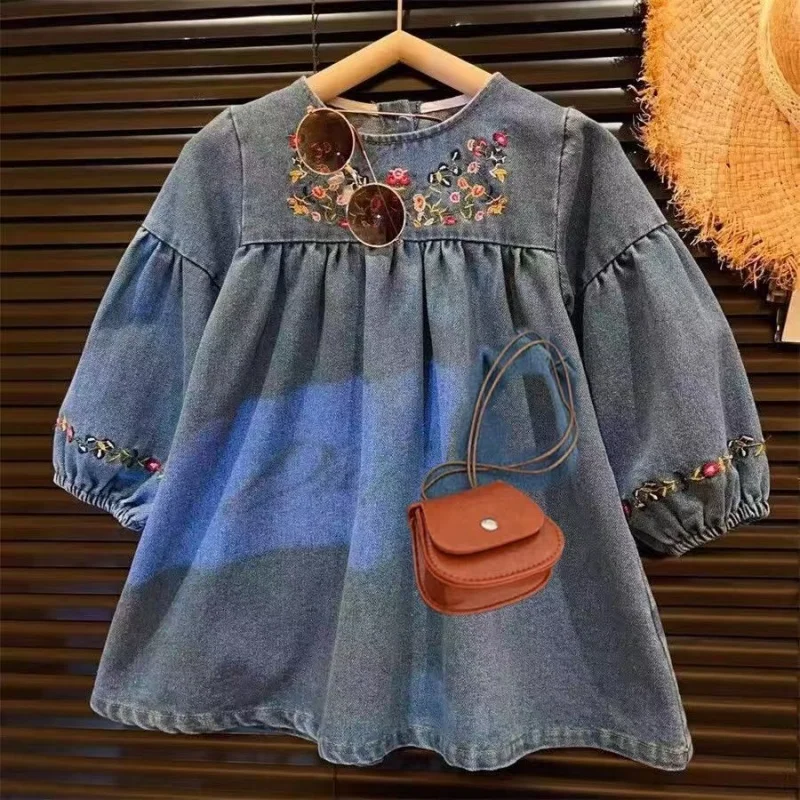 

Korean Version 2025 Spring and Autumn Retro Denim Skirt, Girls' Ethnic Style Denim Embroidered Dress, Children's Clothing