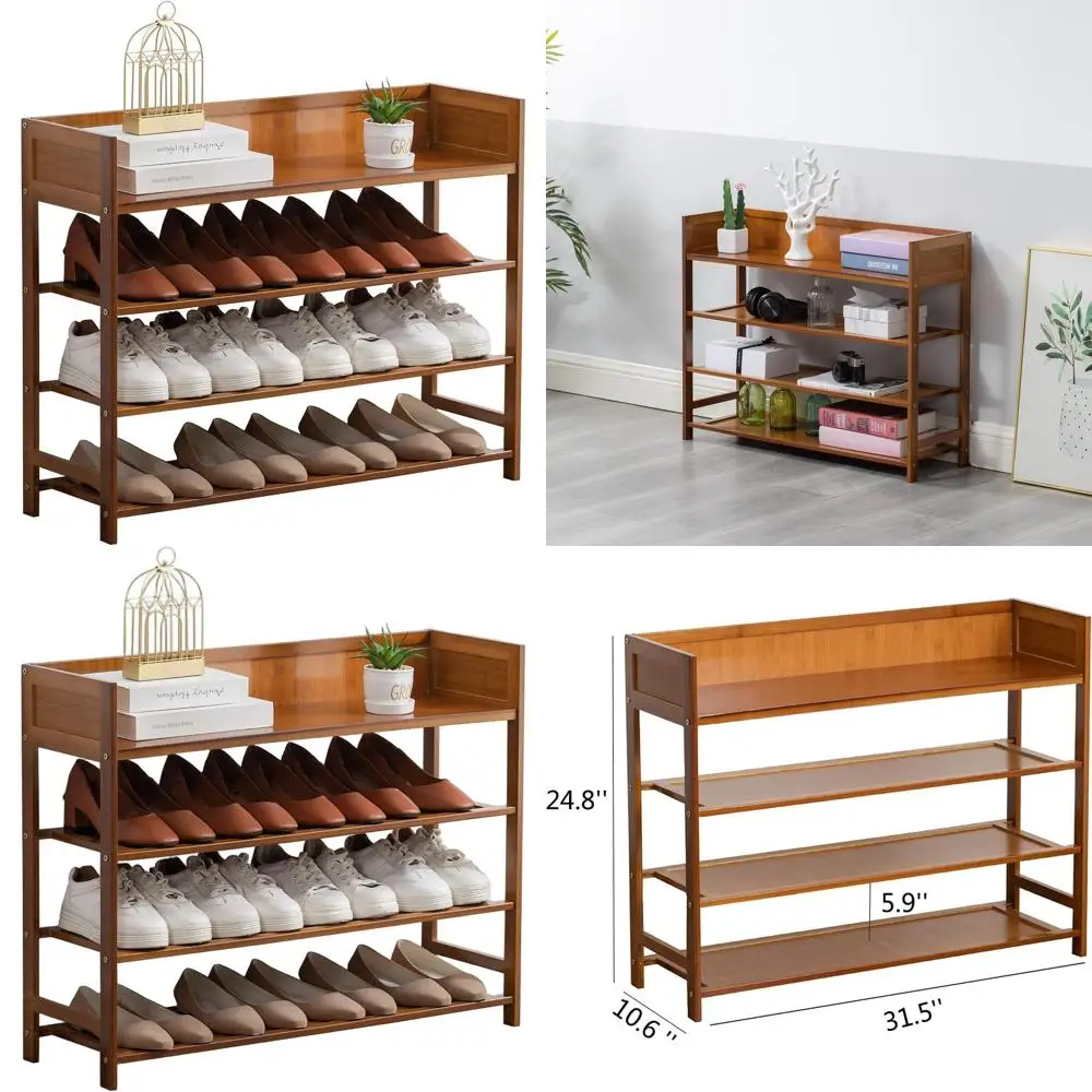 

4-уровневый бамбуковый органайзер для обуви, штабелируемая полка для хранения для прихожей, прихожей и шкафа — коричневый