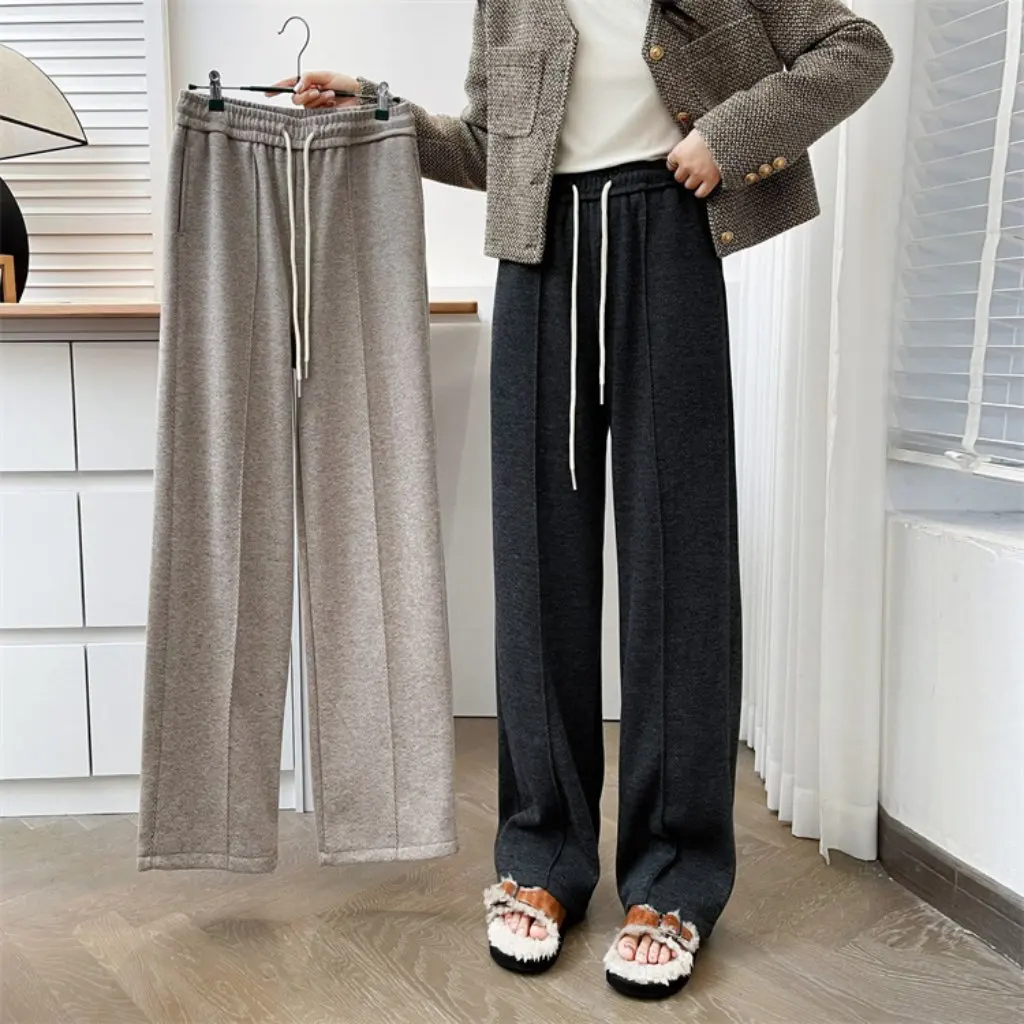 

plus Size Women's Casual Fleece-Lined Sports Pants High Waist Herringbone Straight Slimming Winter Fashion Chubby Girl