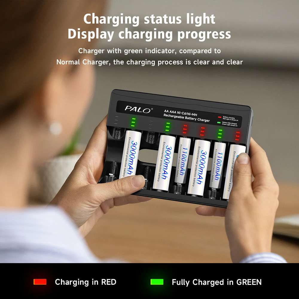 Palo-充電式バッテリー,USB-C急速充電,懐中電灯用スマート充電器,aa,aaa,3000mah,1100mah,1.2v,ni-mh,充電式
