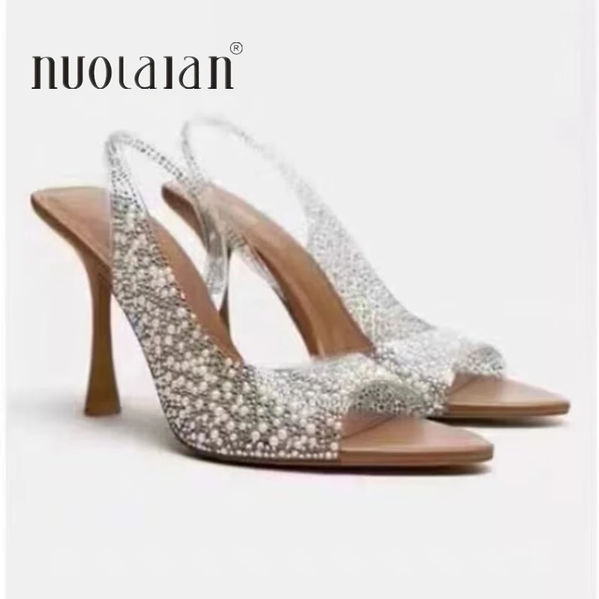 2024 Summer Rhinestone Slingback Pumps Women High Heels Sandals Lady Elegant Pointed Toe Female Sexy High Heels Woman Shoes