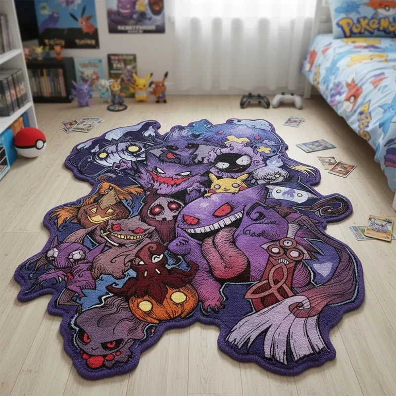 Kawaii Gengar Ghost Faux Cashmere Irregular Rug, Cartoon Carpet, Soft Floor Mat, Halloween Gift