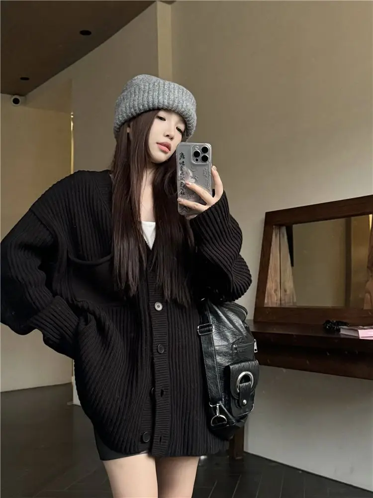 

American style spicy girl retro black women's sweater autumn/winter home commuting loose knit women's cardigan top