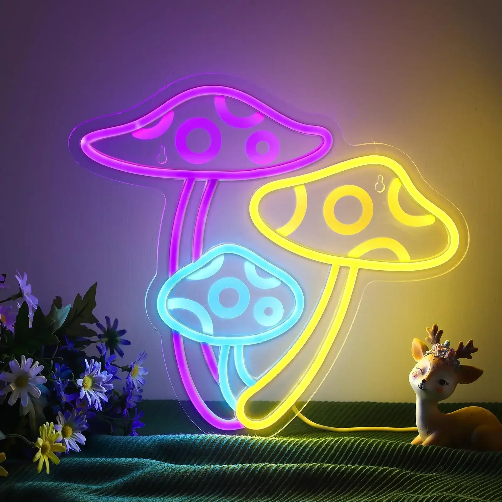 Triple Mushroom Neon Sign LED Wall Art USB Powered Fairy Tale Theme Decor Home Bedroom Living Room Kids Room Cafe Party Light
