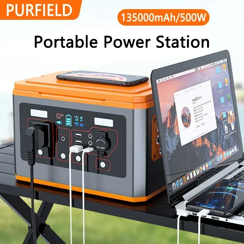 PURFIELD Portable Power Station 135000mAh 500W Solar Generator 220V Outdoor Emergency Supply Battery Pure Sine Wave AC DC Outlet