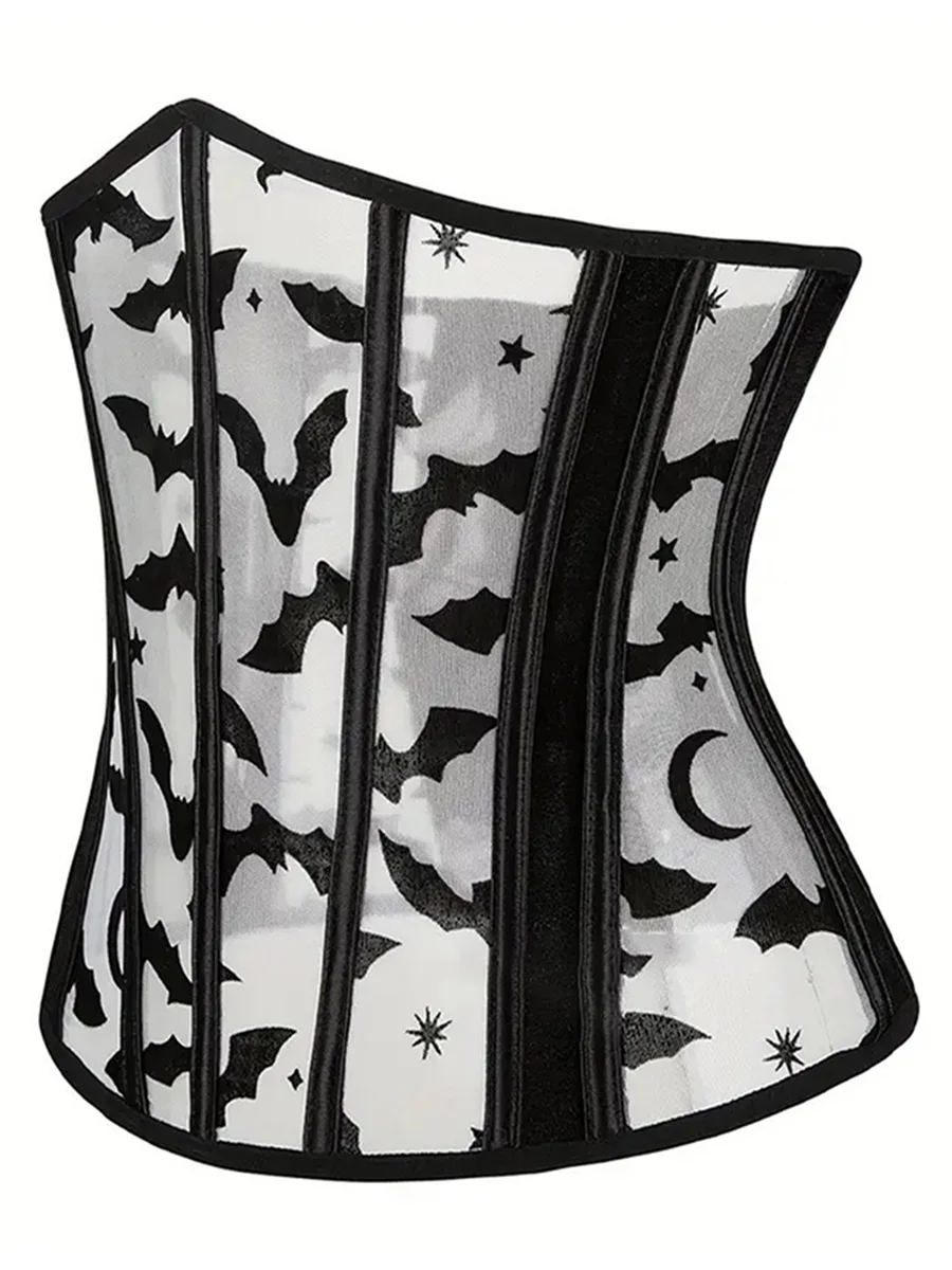 New Fashion Women Underbust Corset Tops Halloween Bat Print Bustier Shapewear Tie Up Cincher Waistband For Dress Streetwear