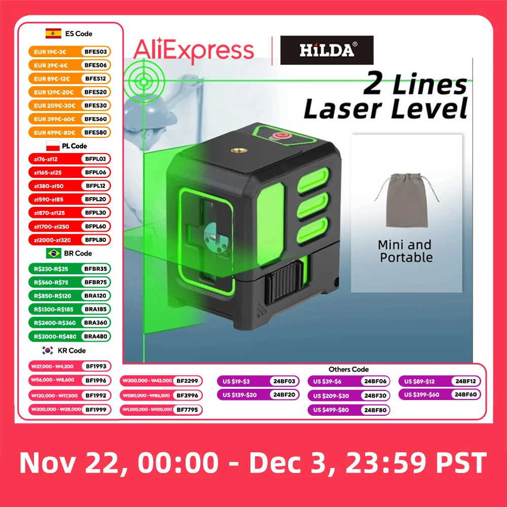 HILDA Laser Level Green 2 Lines Level Ip55 15M Self-Leveling Horizontal & Vertical Cross Super Powerful Measuring Tools 