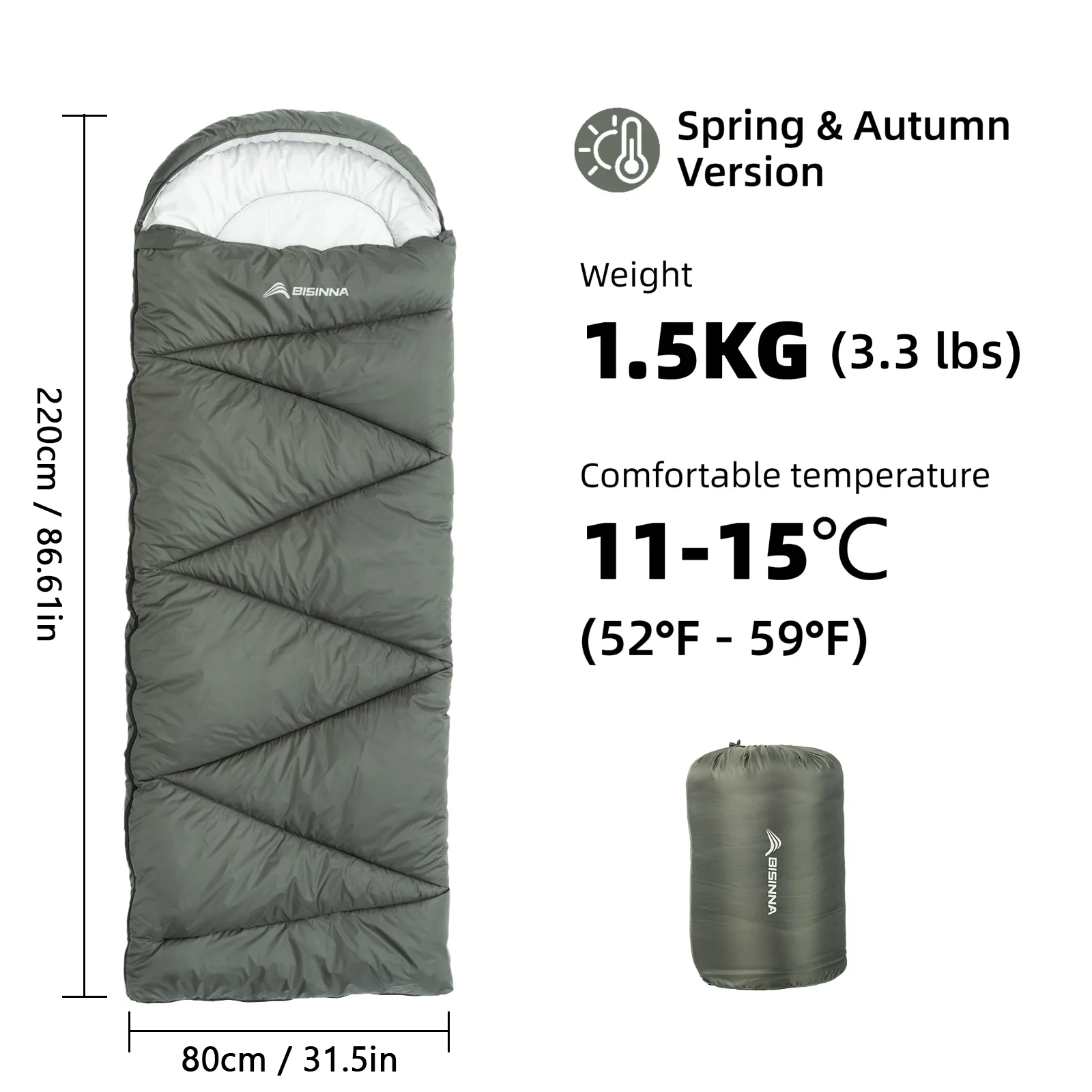 BISINNA Camping slaapzak, lichtgewicht, 4 seizoenen, warm, volwassenen, envelopmodel, voor outdoor, backpacken, reizen en wandelen