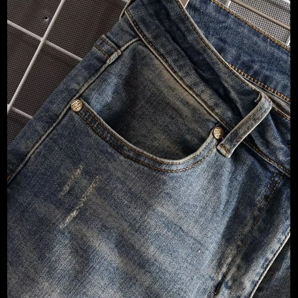 Marcas de luxo curto 2025 em linha reta magro-ajuste elástico meia calças verão fino médio calças retro velho rasgado denim shorts roupas masculinas